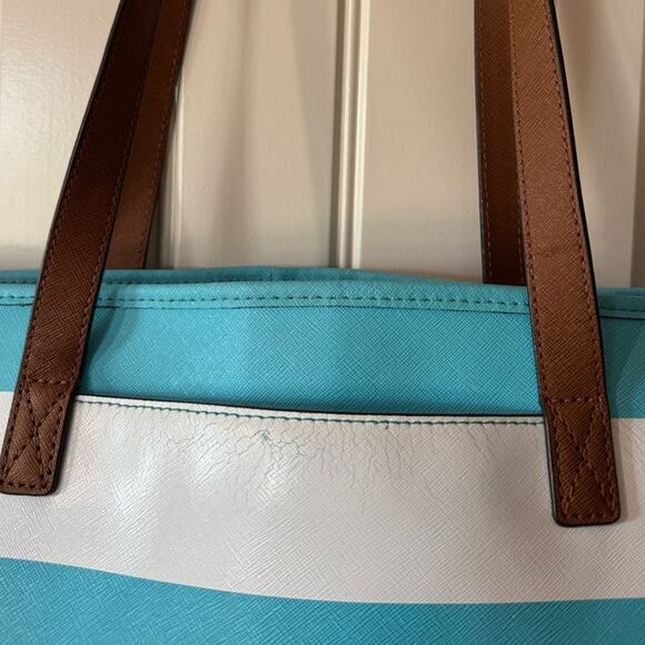 MICHAEL KORS 🩵 Blue & White Striped Shoulder Canvas Tote, Gold Logo - Picture 7 of 15